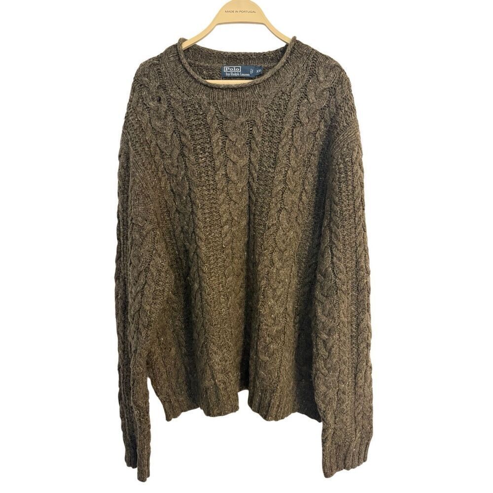 Vintage Polo by Ralph Lauren Wool Blend Green Gray Cable Knit Sweater XXL